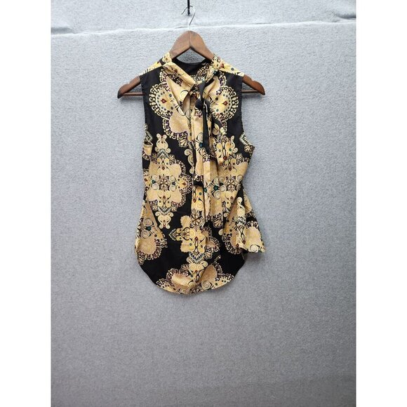 New York & Company Womens Black & Gold Paisley Sleeveless Blouse With Tie Neck S - Picture 2 of 6